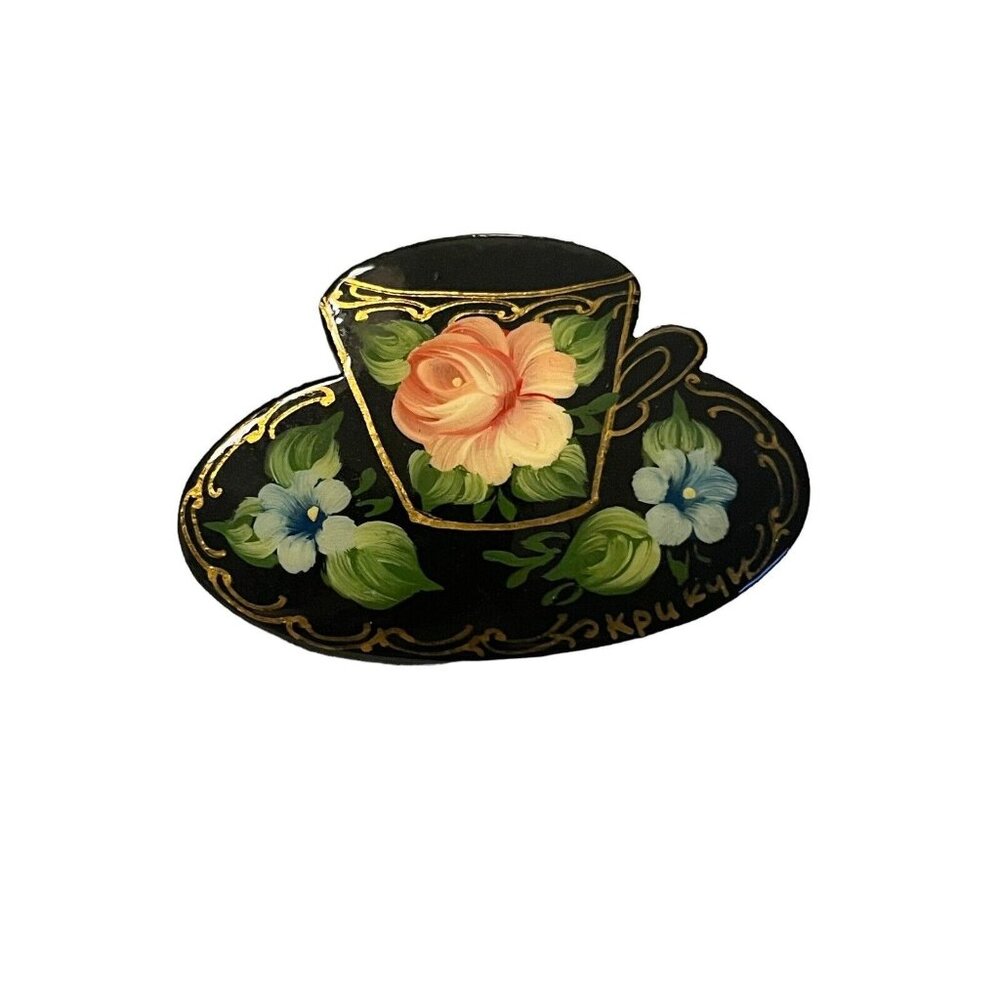 Russian Hand-painted Brooch RARE Tea Cup Signed Brooch Pin Floral Vintage‎ Black